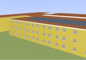 Budynek szkoły z panelami fotowoltaicznymi na dachu